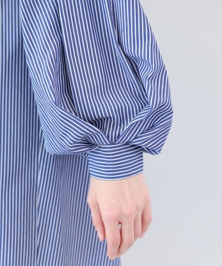 Tiaclasse 【洗える】パフ袖シャツチュニックブラウス ネイビーストライプ