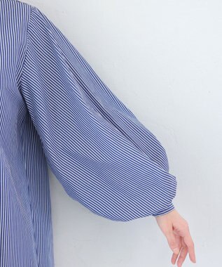 Tiaclasse 【洗える】パフ袖シャツチュニックブラウス ネイビーストライプ
