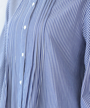 Tiaclasse 【洗える】パフ袖シャツチュニックブラウス ネイビーストライプ