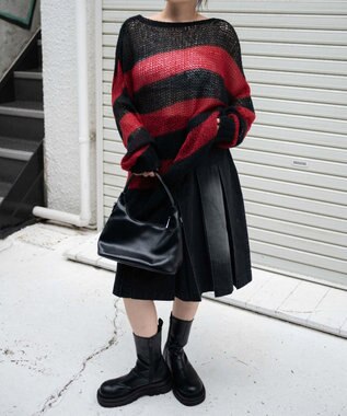 WEGO ボーダーモヘアタッチメッシュニットプルオーバー レッド