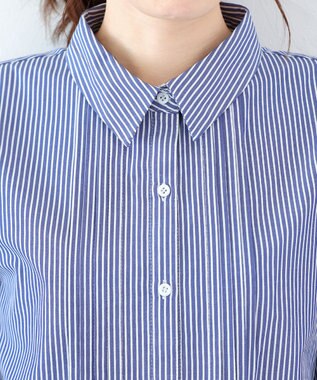 Tiaclasse 【洗える】パフ袖シャツチュニックブラウス ネイビーストライプ