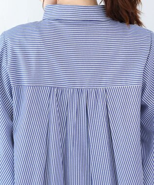 Tiaclasse 【洗える】パフ袖シャツチュニックブラウス ネイビーストライプ