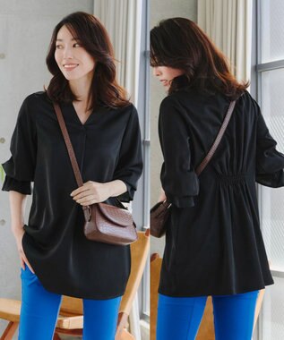 Tiaclasse   【洗える】バックシャーリングスキッパーチュニックブラウス ブラック