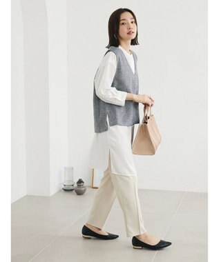 Green Parks ＳＥＴ２点Ｖネックベスト＋７分袖ミディシャツワンピース Gray Mixture