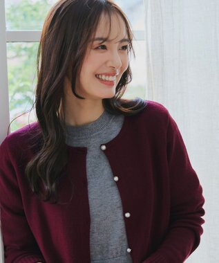 Tiaclasse 【洗える】ラウンドネックミドル丈ニットカーディガン ボルドー