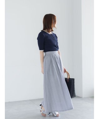 Te chichi 【UVカット】ヘンリーネック5分袖配色リブニット ネイビー