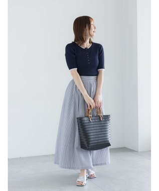 Te chichi 【UVカット】ヘンリーネック5分袖配色リブニット ネイビー
