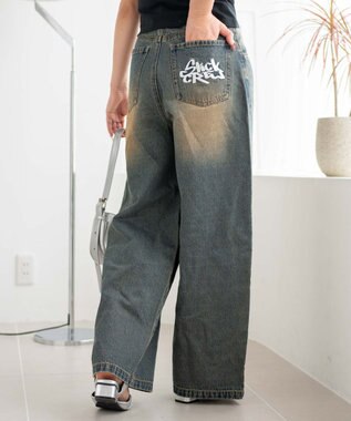 WEGO 【SMサイズ展開】ロゴデニムバギーパンツ デニム中濃加工色