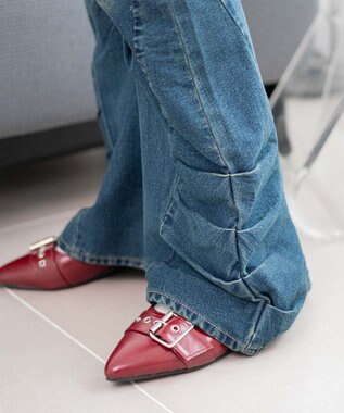 WEGO ギャザーデニムフレアパンツ デニム中濃加工色