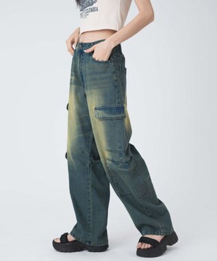 WEGO ヴィンテージウォッシュデニムカーブカーゴパンツ デニム