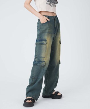 WEGO ヴィンテージウォッシュデニムカーブカーゴパンツ デニム