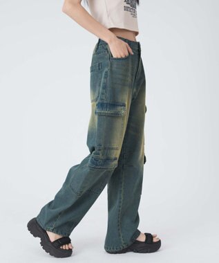 WEGO ヴィンテージウォッシュデニムカーブカーゴパンツ デニム