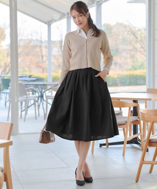 Tiaclasse 【新色追加・選べる丈】麻調タックフレアスカート 膝丈ブラック