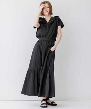 23区 L 【一部店舗限定/洗える】ハイカウントウェザーストレッチ フリル ブラウス ブラック系