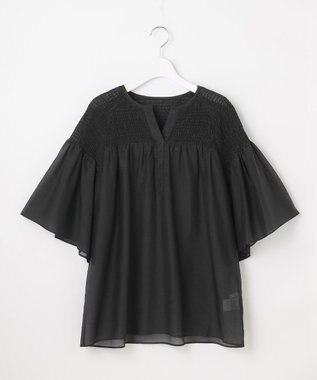自由区 【洗える】シルクコットンローンスモッキング刺繍 ブラウス ブラック