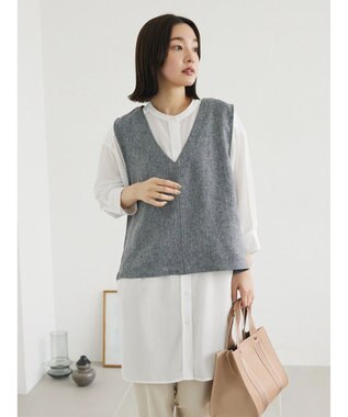 Green Parks ＳＥＴ２点Ｖネックベスト＋７分袖ミディシャツワンピース Gray Mixture