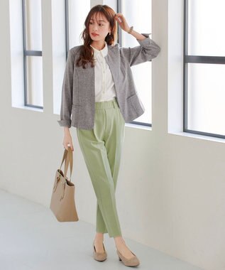 Tiaclasse L 【新色追加・洗える】麻調薄地キーネックジャケット チャコールグレー