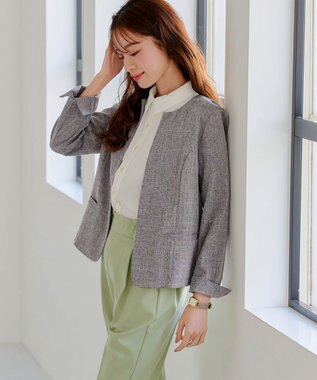 Tiaclasse L 【新色追加・洗える】麻調薄地キーネックジャケット チャコールグレー