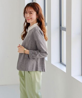 Tiaclasse L 【新色追加・洗える】麻調薄地キーネックジャケット チャコールグレー