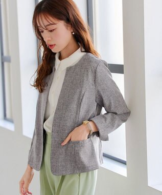 Tiaclasse L 【新色追加・洗える】麻調薄地キーネックジャケット チャコールグレー