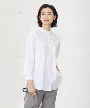 J.PRESS LADIES 【洗える】BEZ C/Ny ドビーストライプ フリルネック ブラウス ホワイト系1