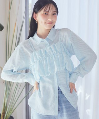 earth music&ecology ＳＥＴ２点起毛ストライプシャツ＋バルーンビスチェ Blue