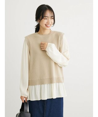 Green Parks とろみ布帛ドッキングニットチュニック Beige