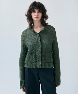 BEIGE， 【洗える】THYME / クルーネックコットンメッシュカーディガン Olive