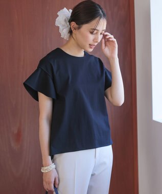 組曲 【WEB限定】プレーティング天竺フリルスリーブ Tシャツ ブラック系