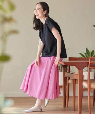 ANY L 【ウエストゴム/ポケット付】シャンブレーライク フレアスカート ピンク