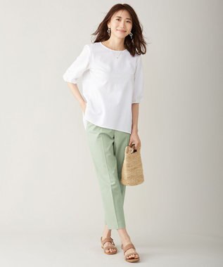 J.PRESS LADIES S 【シワになりにくい】コットンフィッティーシャーク テーパードパンツ ライトグリーン系