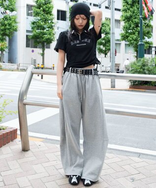 WEGO 【ウエストゴム/SMサイズ展開】ライトスウェットカーブパンツ 杢グレー