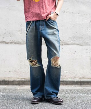 WEGO ダメージフレアデニムパンツ デニム中濃加工色