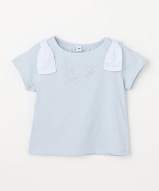 ANY KIDS 【綿100%】肩リボン×ラインストーンロゴ 半袖Tシャツ サックスブルー