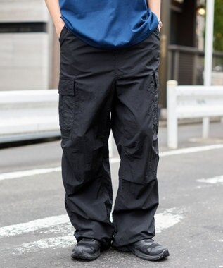 WEGO 【ウエストゴム/MLサイズ展開】ナイロンイージーカーゴパンツ ブラック