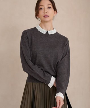 【CLASSY.掲載/洗える】エンブロイダリー ジオメトリックレースコンビ ニット