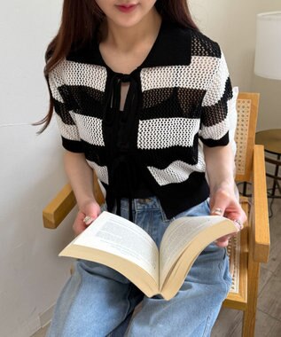 WEGO 襟付きリボンメッシュショートカーデ 柄1