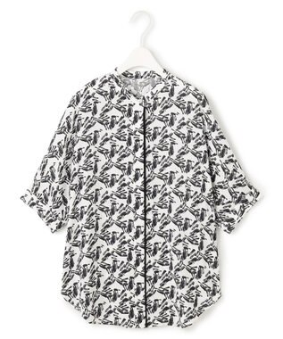 ICB L 【人気のため新色追加・接触冷感・UVケア・速乾・洗える】BackSatinAmunzen 5分袖バンドカラーブラウス オフホワイト×ブラック柄系