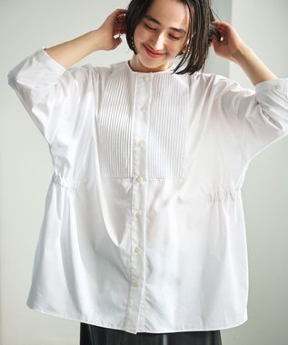 #Newans 【洗濯機可能/シワになりにくい】〈お腹・腰回りをカバー〉ピンタックデザインスクエアブラウス ホワイト
