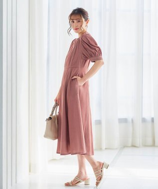 Tiaclasse 【洗える】パフスリーブ配色ステッチワンピース ピンク