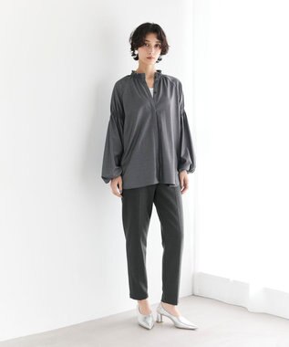 #Newans 【洗濯機可/しわになりにくい】シャーリングネック ボリュームスリーブブラウス チャコール