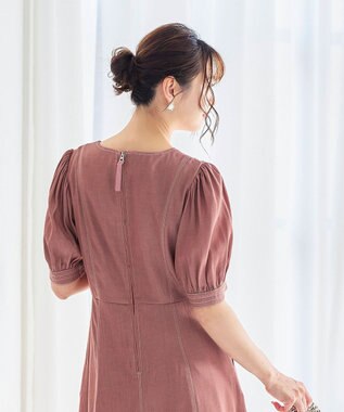 Tiaclasse 【洗える】パフスリーブ配色ステッチワンピース ピンク