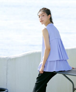 Tiaclasse 【洗える】ノースリーブ後ろタックティアードブラウス ライトブルー