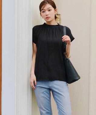 Tiaclasse 【洗える】モックネックフレンチスリーブカットソーブラウス ブラック