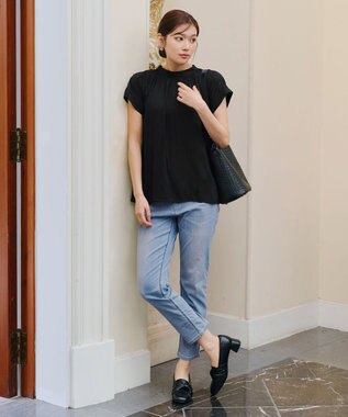 Tiaclasse 【洗える】モックネックフレンチスリーブカットソーブラウス ブラック