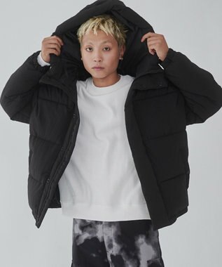 WEGO カラーブロックパテッドフードブルゾン ブラック