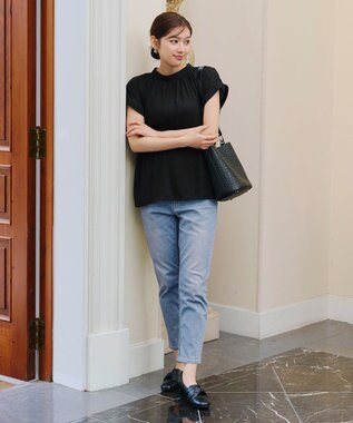 Tiaclasse 【洗える】モックネックフレンチスリーブカットソーブラウス ブラック