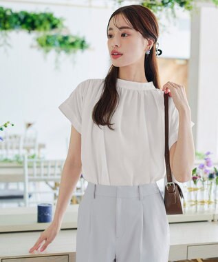 Tiaclasse 【洗える】モックネックフレンチスリーブカットソーブラウス オフホワイト