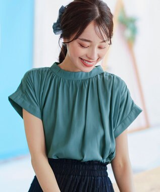 Tiaclasse 【洗える】モックネックフレンチスリーブカットソーブラウス グリーン