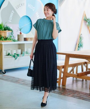 Tiaclasse 【洗える】モックネックフレンチスリーブカットソーブラウス グリーン